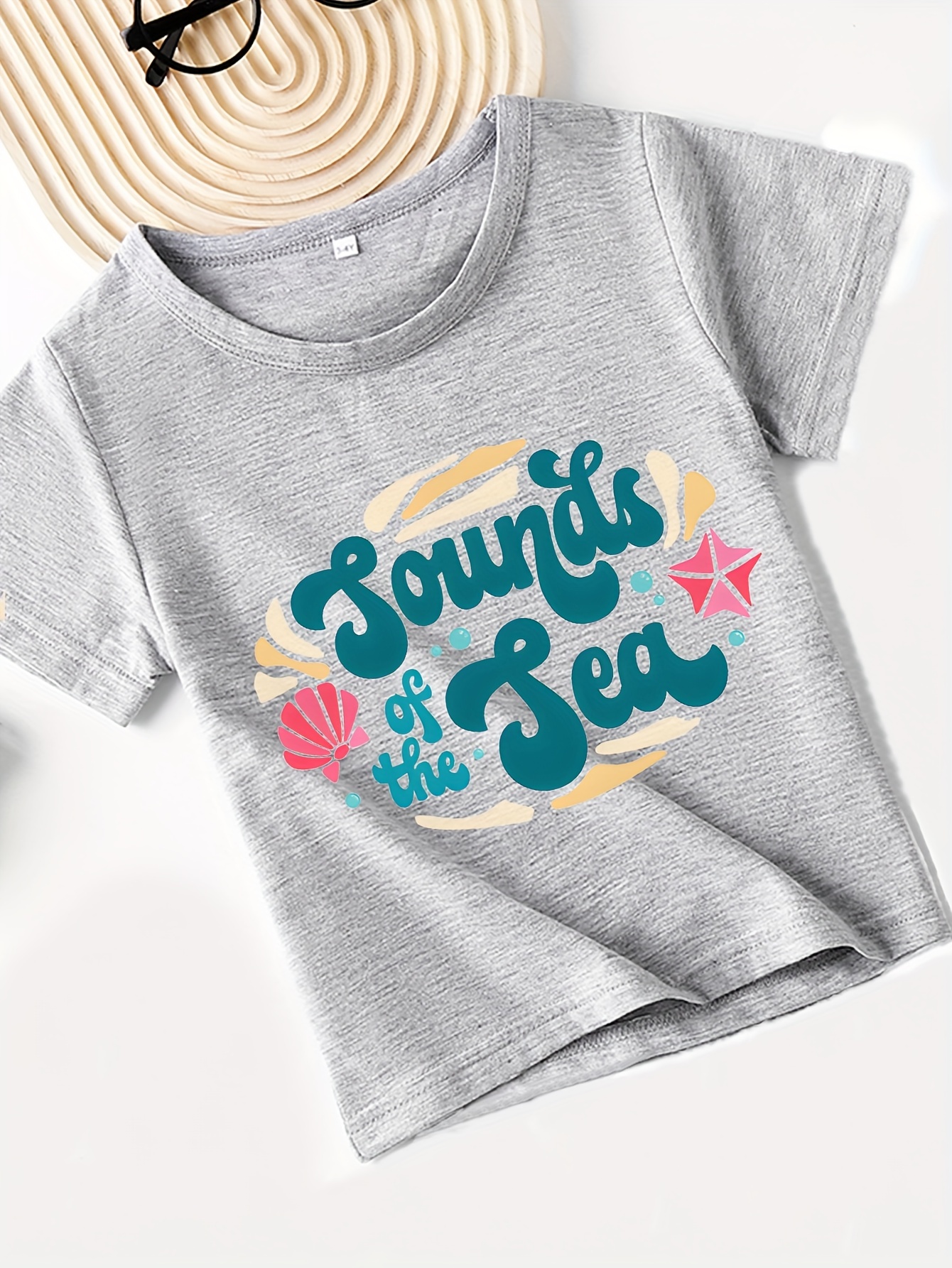 Cartoon Sea Letter Graphic T-shirt For Girls, Relaxed Fit Short