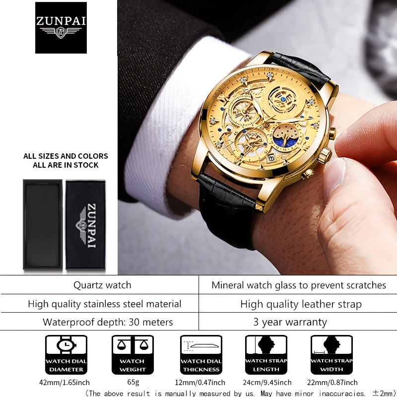 Mens Watch Analog Black Watches for Men Automatic Chronograph Wrist Watch with Calendar Business Mens Leather Watch