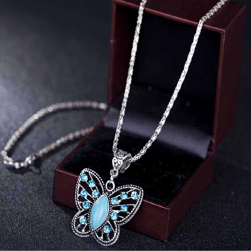 Vintage Turquoise Butterfly Rhinestones Necklace Drop - Temu