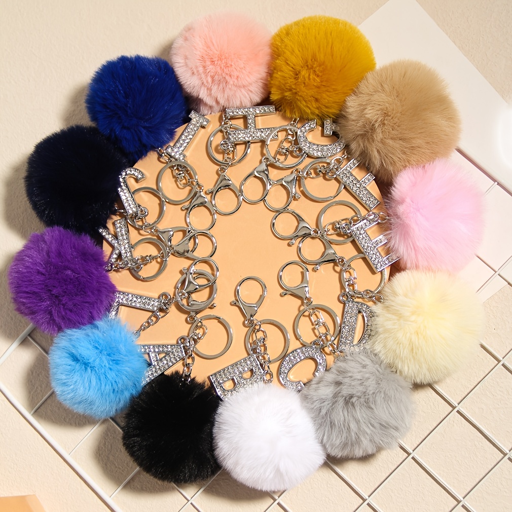 Black Resin Letter A-Z Keychain Alphabet Charm Key Ring with Pompom Fur  Ball for Women Girls Handbag Purse