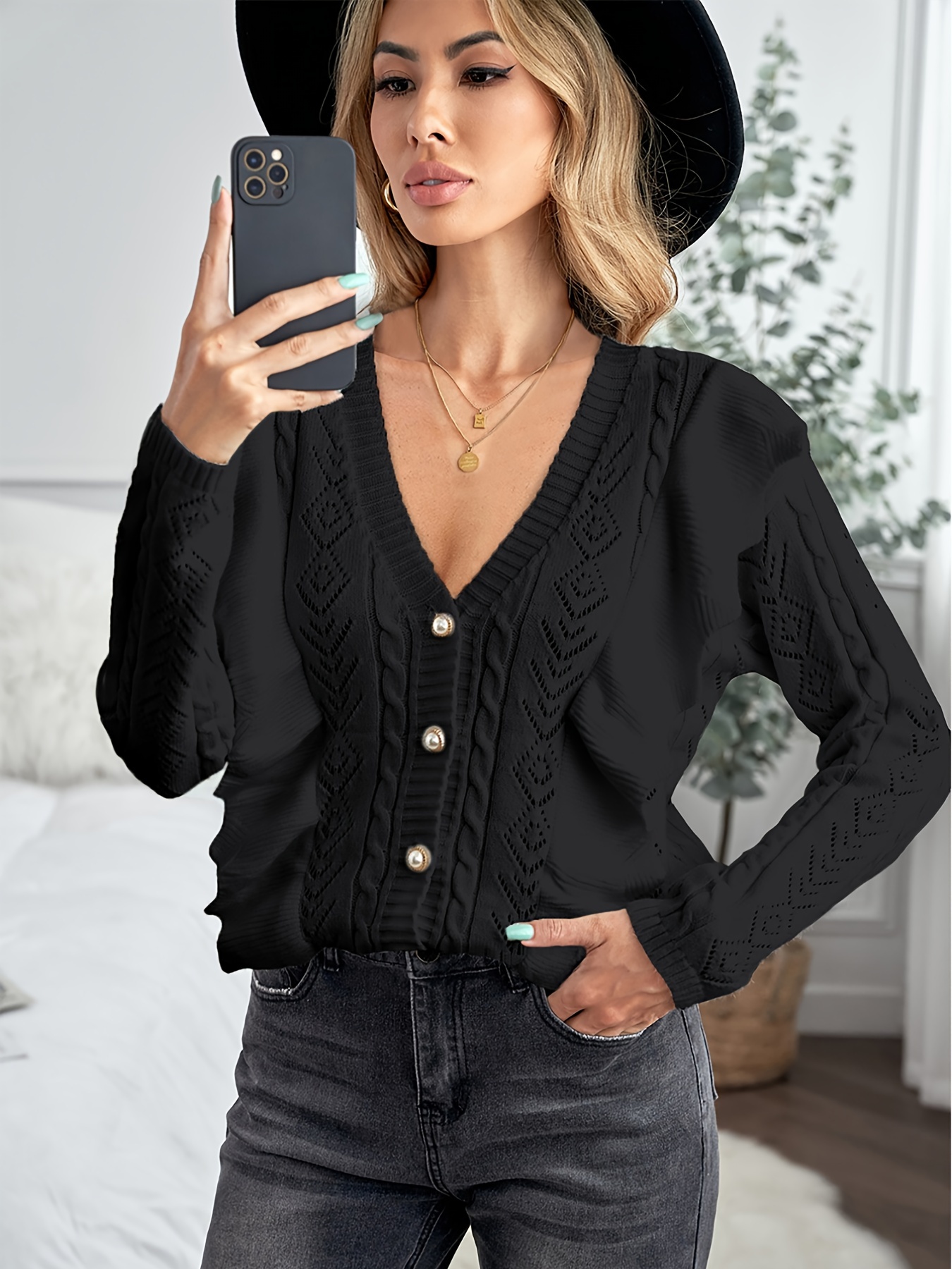 Solid Button Long Sleeve Loose Crop Top Casual Fall Winter T - Temu