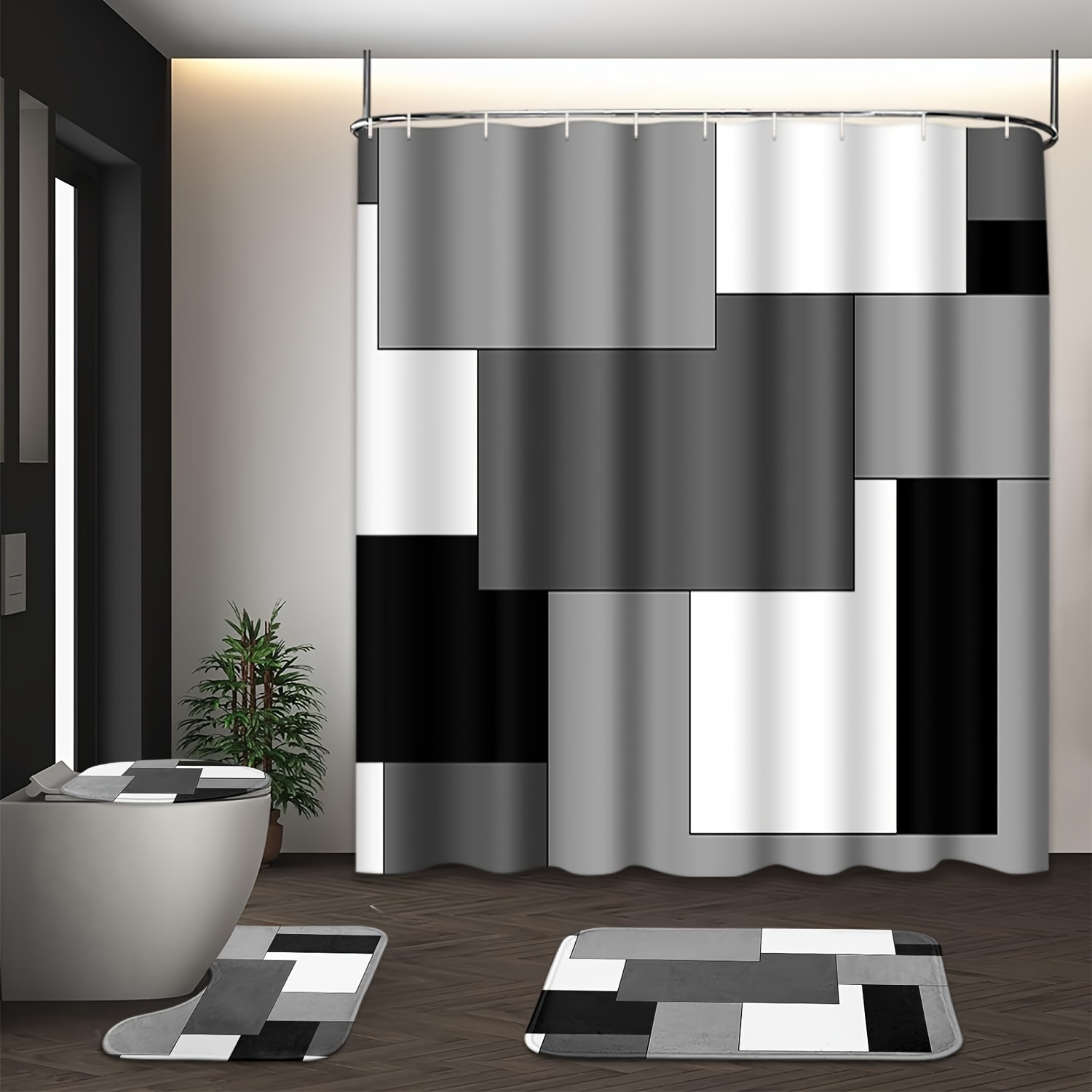 

4pcs Gray Geometric Printed Shower Curtain Set, Waterproof Bathroom Partition Curtain With Hooks, Non-slip Mat, Toilet U-shape Mat, Toilet Lid Cover Pad, Decorative Bathroom Set, Bathroom Accessories