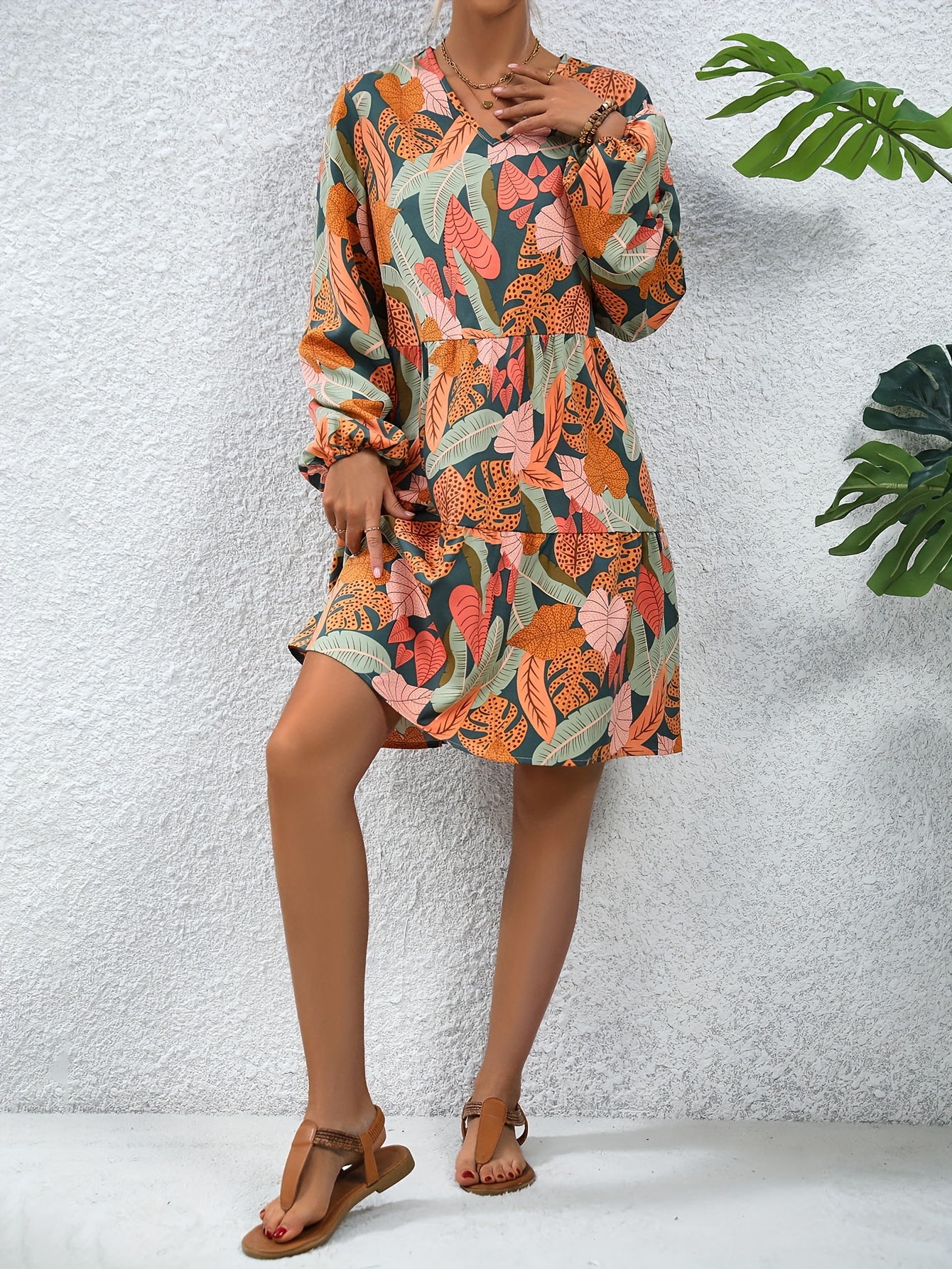 Autumn Dress Casual Tropical Print Long Sleeve V Neck Women Clothing Ladies  Holiday Vacation Beach Maxi Dresses (Color : Green, Size : Small) :  : Clothing, Shoes & Accessories