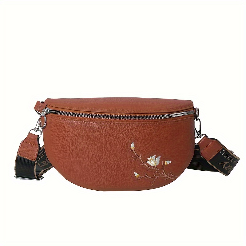 Floral Embroidery Waist Bag, Vintage PU Leather Crossbody Bag, Stitching  Chest Bag For Women