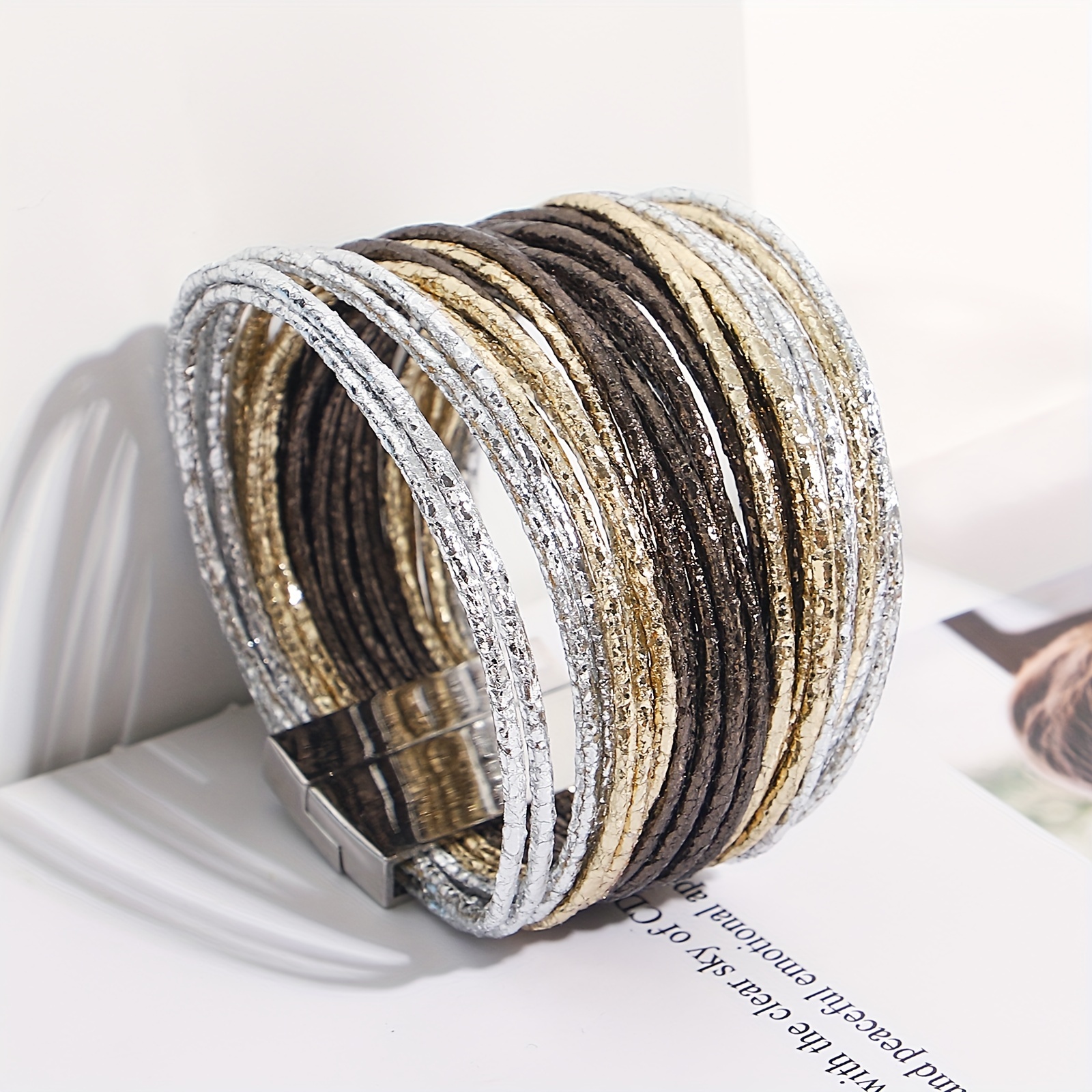 1pc slim stripes wide multilayer wrap bracelet metallic shiny glitter leather cuff bracelet with magnetic clasp jewelry for men women   birthday gifts details 6