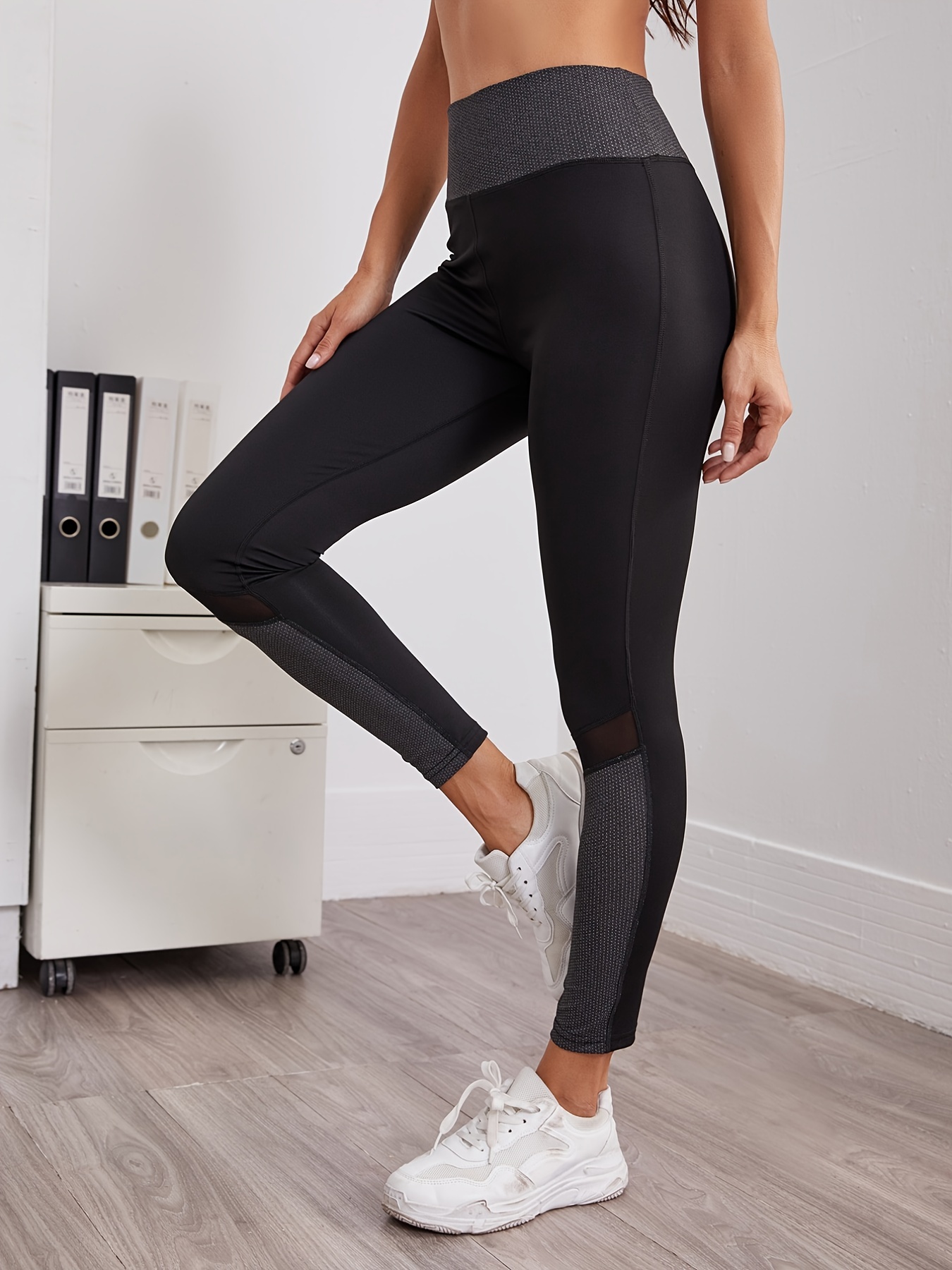 Activewear High Waisted Black and Grey Color Mesh Workout Leggings