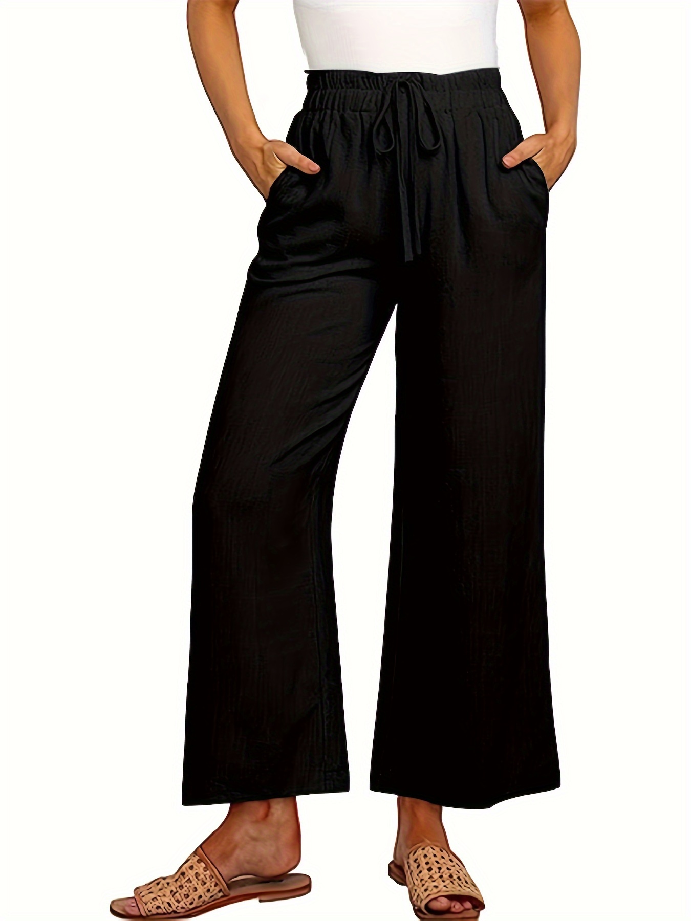 Pantalones de Pernera Ancha para Mujer, Negros, de Lino y de Cintura Alta