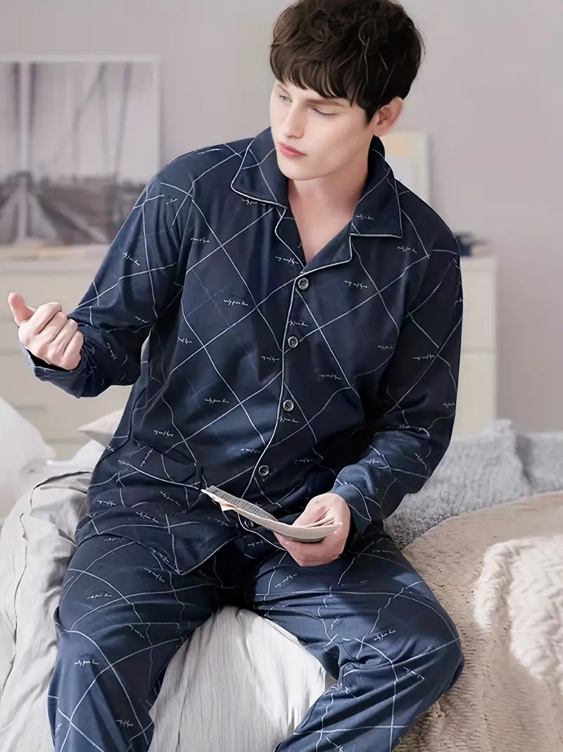 2pcs Casual V-neck Button Long Sleeves Shirts & Pants, Herren Baumwolle  Bequeme Trendy Loungewear Pyjama Set