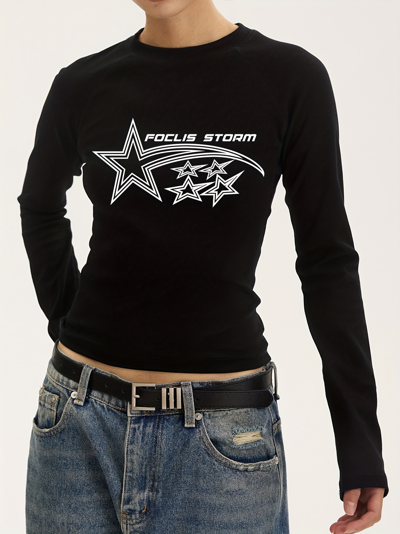 Women Y2K Long Sleeve Crew Neck Tee Shirts Vintage Slim Fit Blouse Tops  Aesthetic Star Print T-Shirts