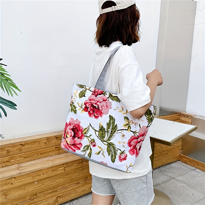 Plants Graphic Flower Floral Canvas Bag, Shopping Bag Large