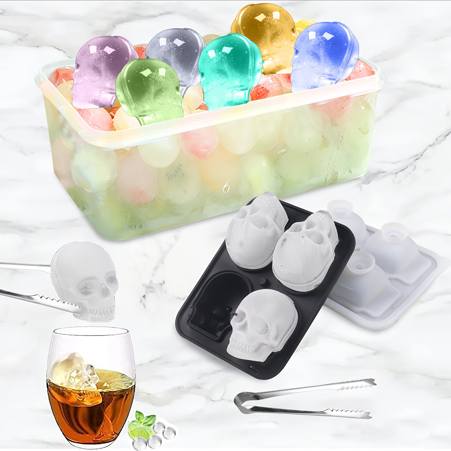Ice Cube Mold With Ice Storage Box And Tong, Silicone Skull Ice Cube Tray,  Chocolate Mold, Halloween Mold For Pudding,jelly,candy, Whiskey Ice Cube  Tray, Ice Trays For Freezer Cocktail Whiskey, Kitchen Accessaries