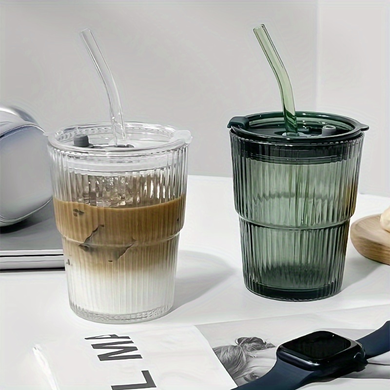 Striped Glass Iced Coffee Cup To Go Cup With Lid And Striped Straw For Cold  Latte, Summer