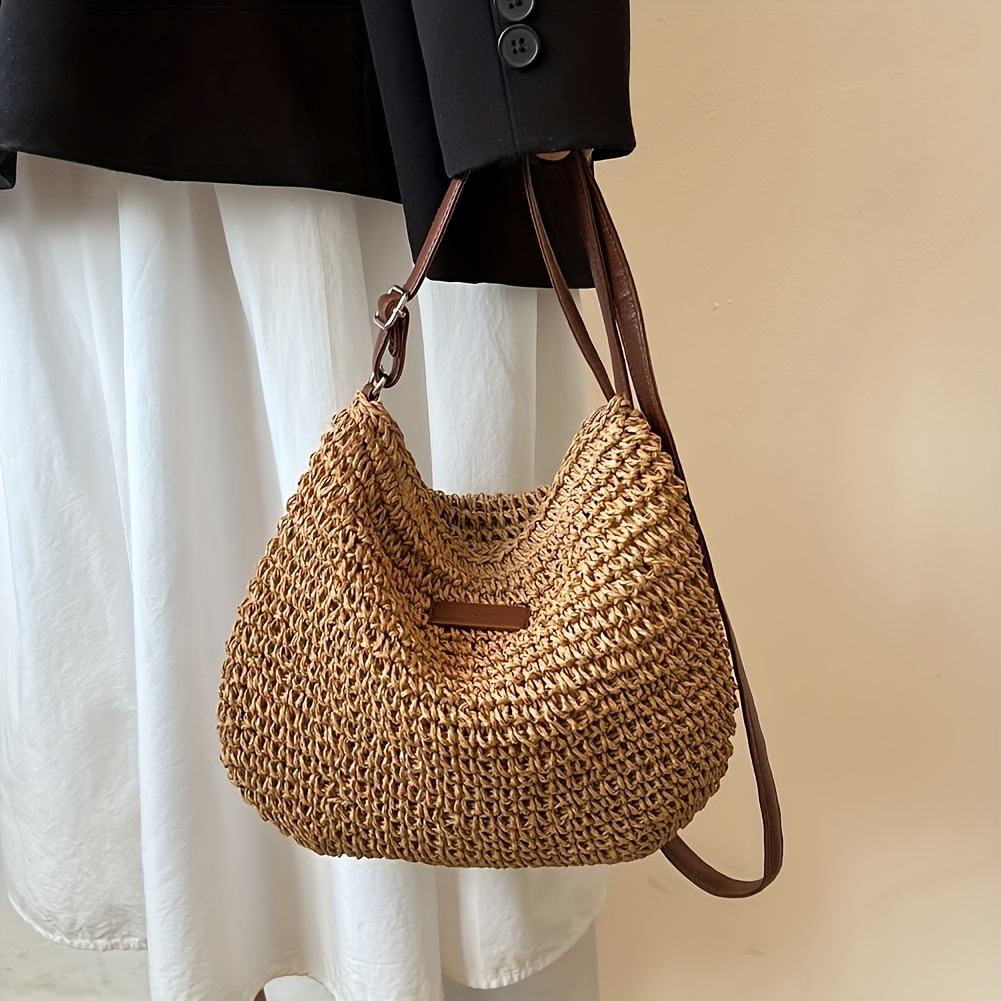 Patch Leather Woven Straw Shoulder Bag Zipper Beach Crossbody Bag