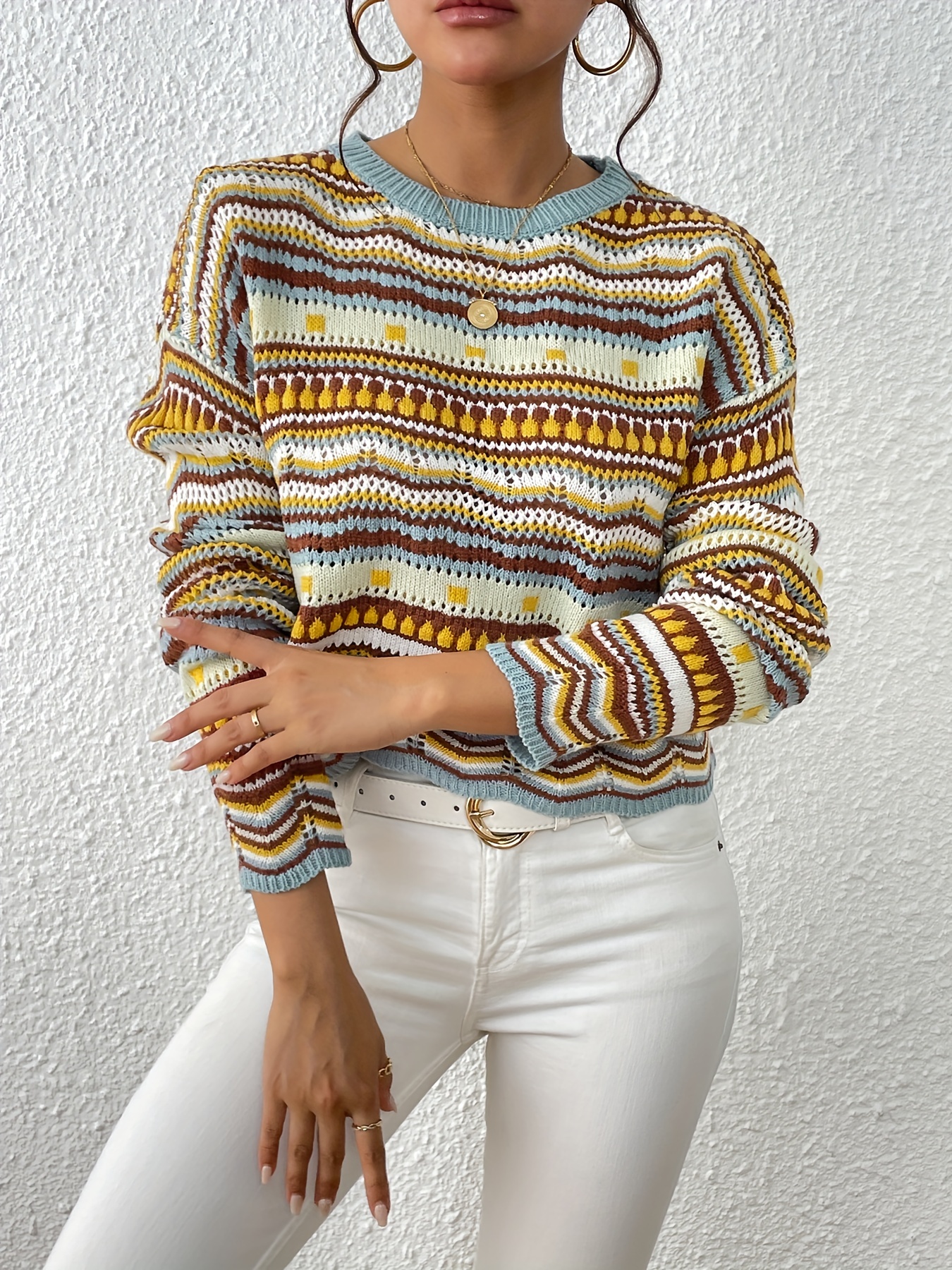 Ethnic Print Eyelet Knit Sweater Casual Crew Neck Long Sleeve Sweater
