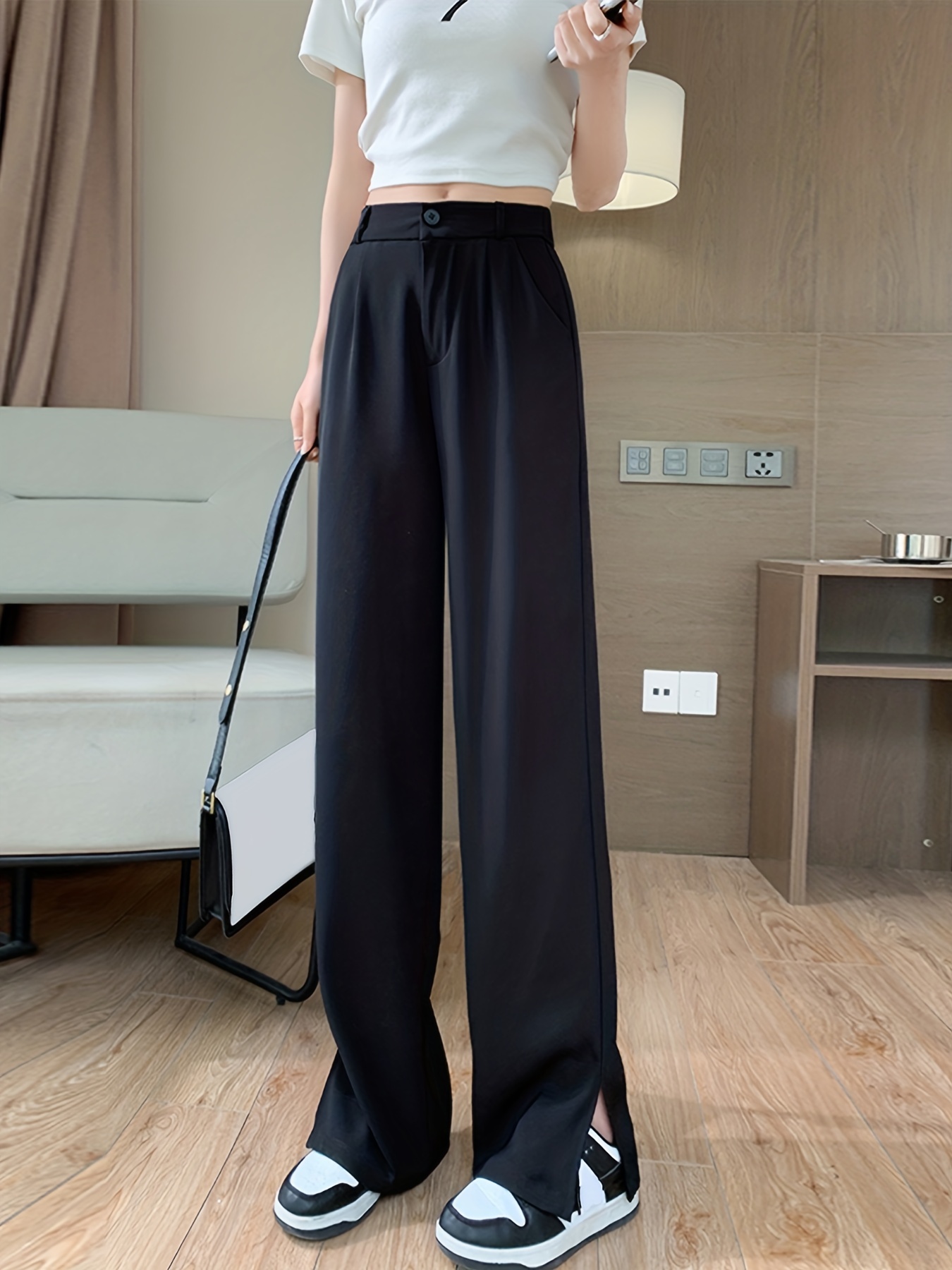 Split Hem Flare Leg Pants Elegant High Waist Solid Fashion - Temu