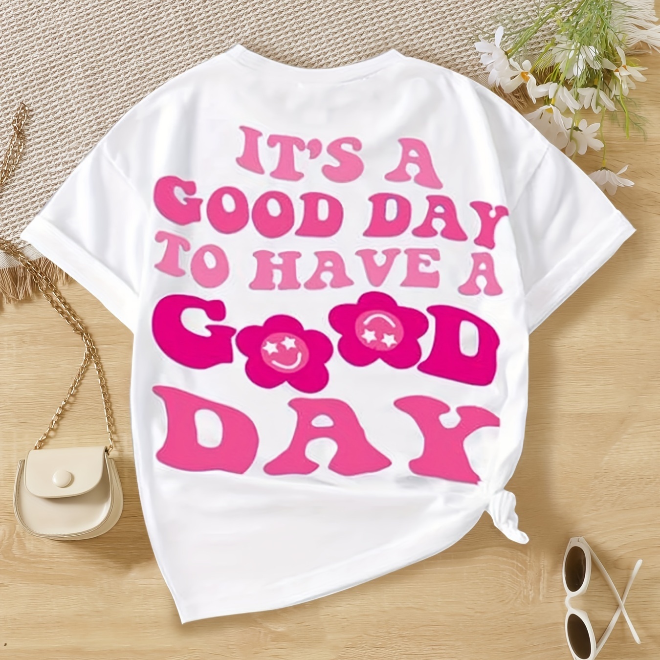 Girls Letter "GOOD DAY" Graphic T-Shirt Casual Sports Loose Round Neck Short Sleeve Tees Top Kids Summer Clothes