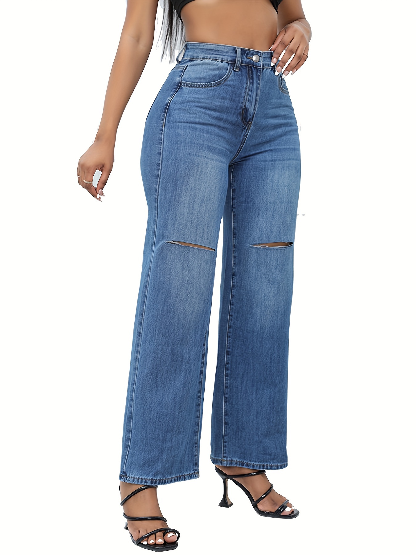 Plain Pipped Holes Flare Jeans, Slash Pockets Distressed High Waist Bell  Bottom High Rise Denim Pants, Women's Denim Jeans & Clothing