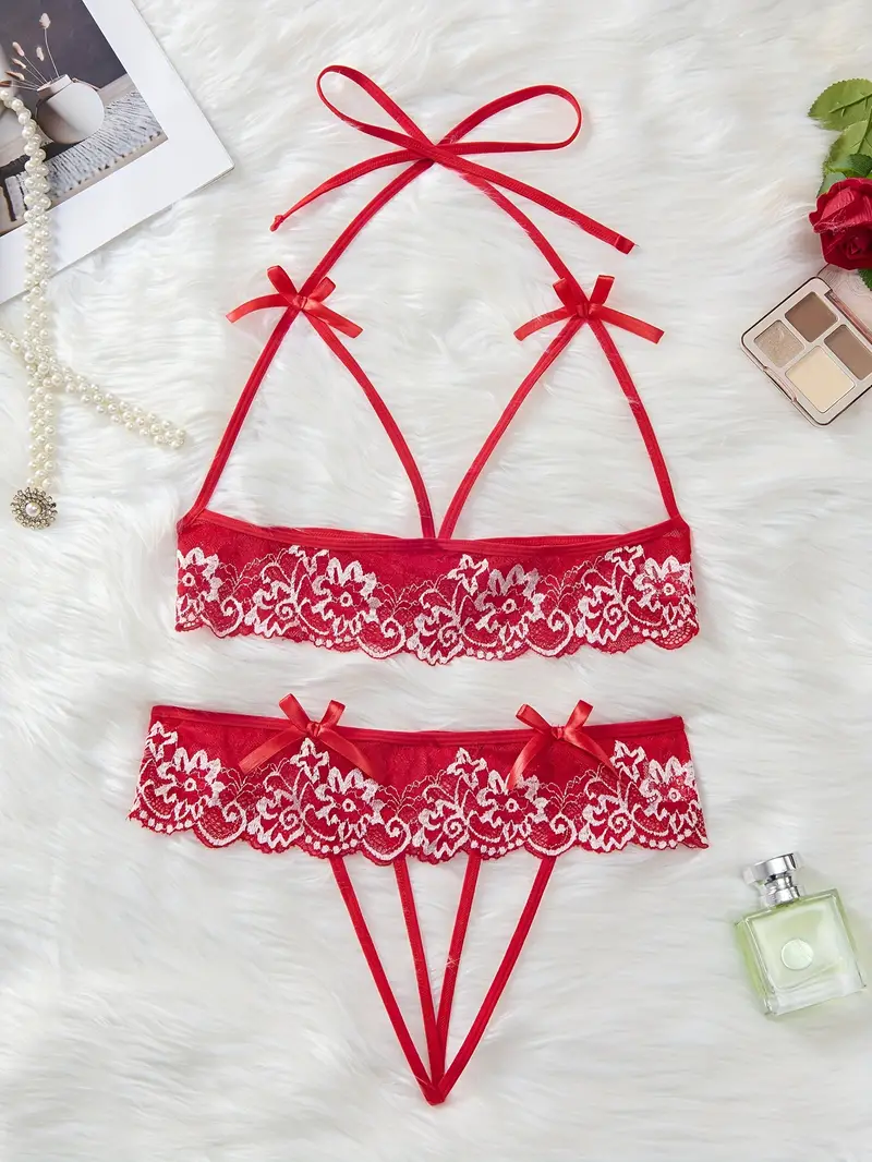 Floral Embroidery Lingerie Set Open Cup Bow Knot Intimates - Temu