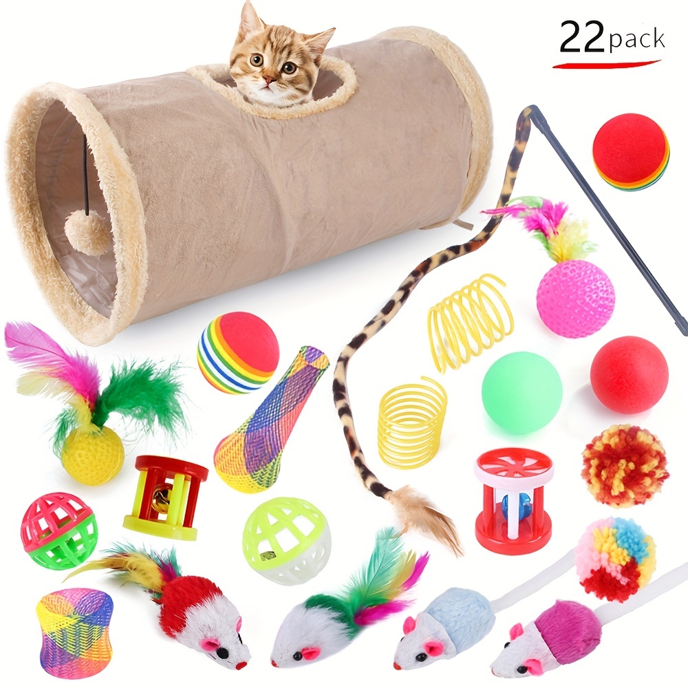 

22pcs Cat Toys Kitten Toys Set, Indoor Cat Toy Channel, Colorful Cat Teaser Feather Toy, Bell Ball, Drum Crinkle Ball