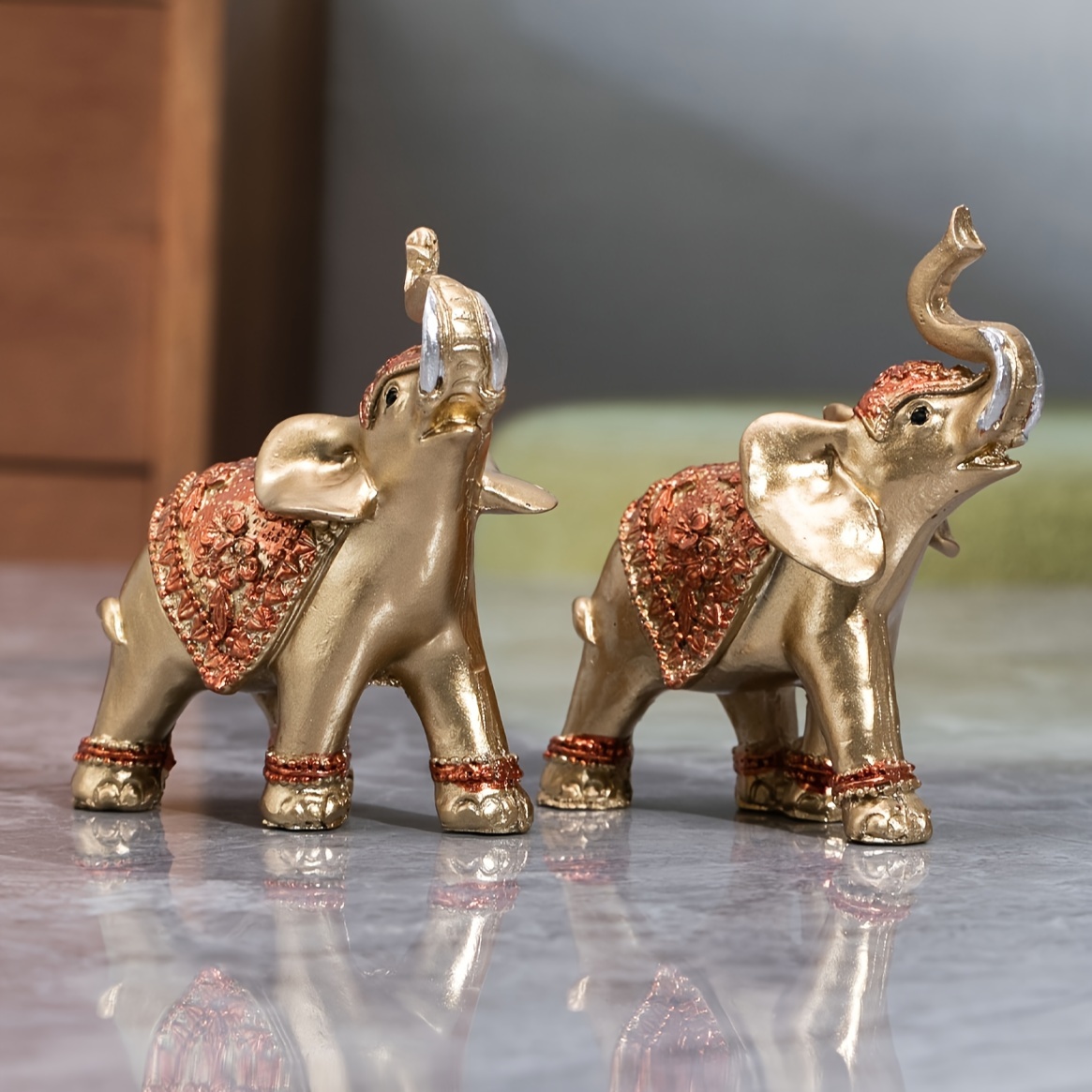 Juego de decoración de elefante de la suerte con troncos – Feng Shui resina  negro y dorado pareja elefante figuritas – Par de estatuas de elefantes