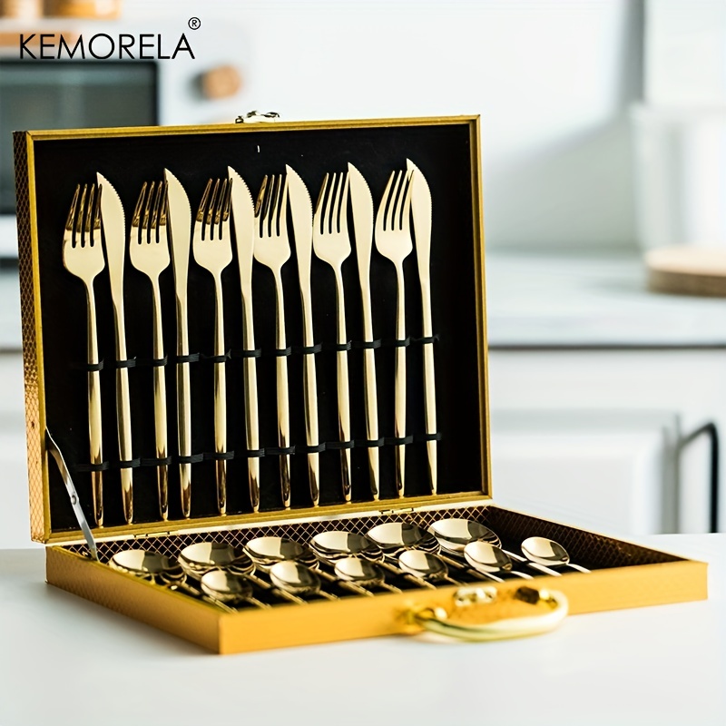 Juego de cubiertos dorados para 6 cubiertos modernos juego de cubiertos de  acero inoxidable 1810 24 piezas incluye cuchillos tenedores y cucharas