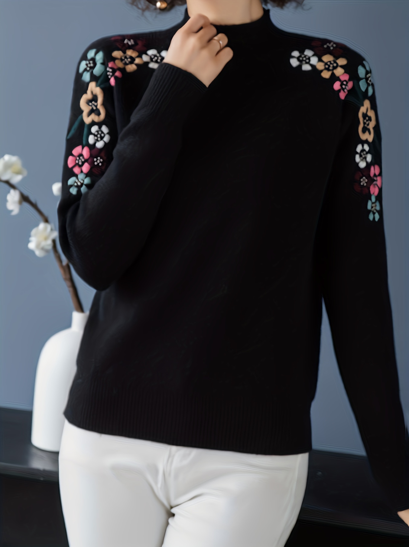 floral pattern mock neck knit sweater casual long sleeve pullover sweater womens clothing black 4