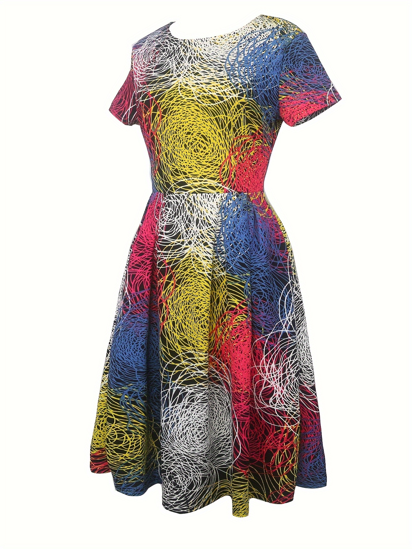 Soyut Baskı Aline Salıncak Elbise, İlkbahar ve Yaz İçin Vintage Kısa Kollu Elbise, Kadın Giyim