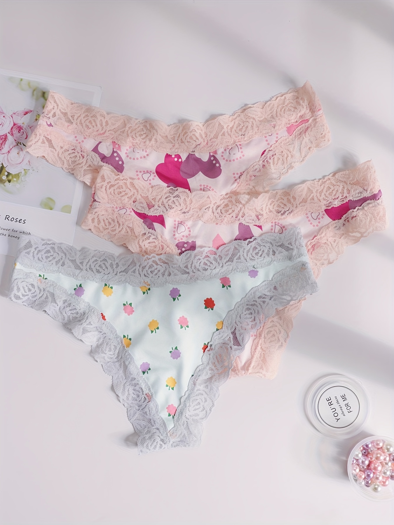 Heart Floral Print Thongs Cute Comfy Lace Trim Intimates - Temu