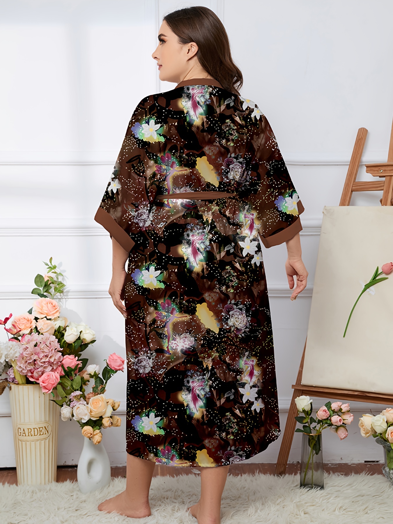 Camisón Elegante De Talla Grande, Bata De Baño Kimono Con Cinturón Y Manga  Larga Con Estampado Floral Satinado Para Mujer
