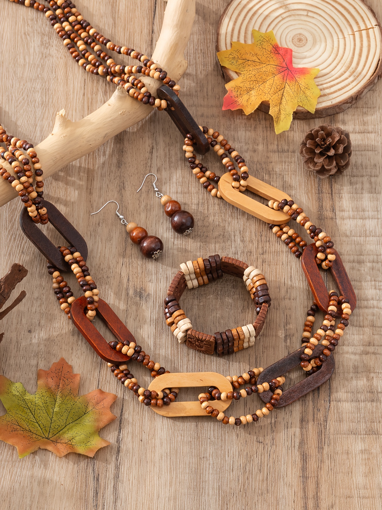 4pcs bohemian style wooden necklace earrings bracelet Temu Mauritius