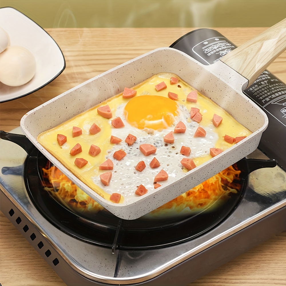 1pc Black Pan Square Steak Frying Pan, Egg Pan, Nonstick Egg Pan,  Rectangular Frying Pan Wooden Handle Cookware