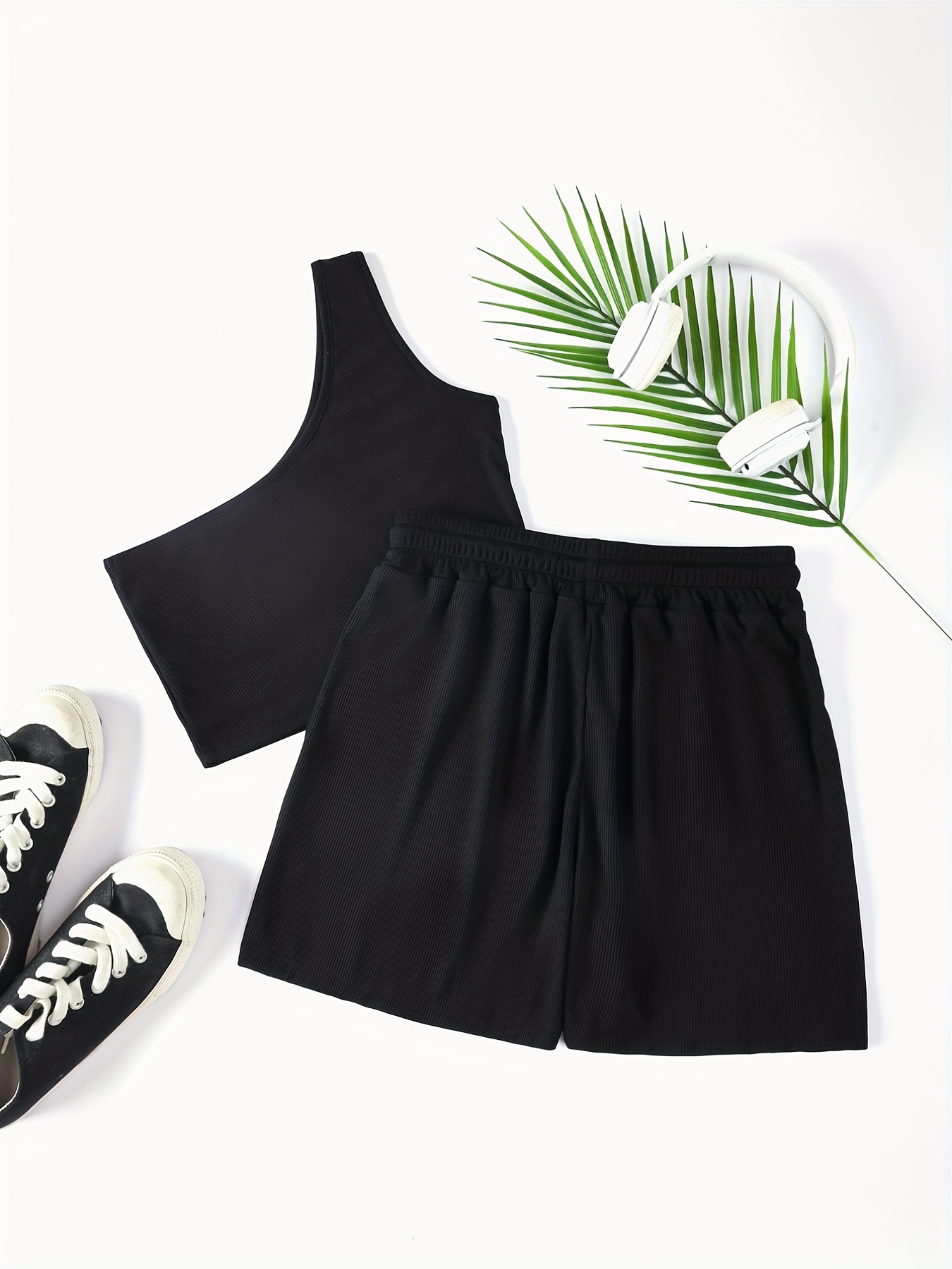 Solid Casual Two piece Set One Shoulder Crop Top & Drawstring Shorts