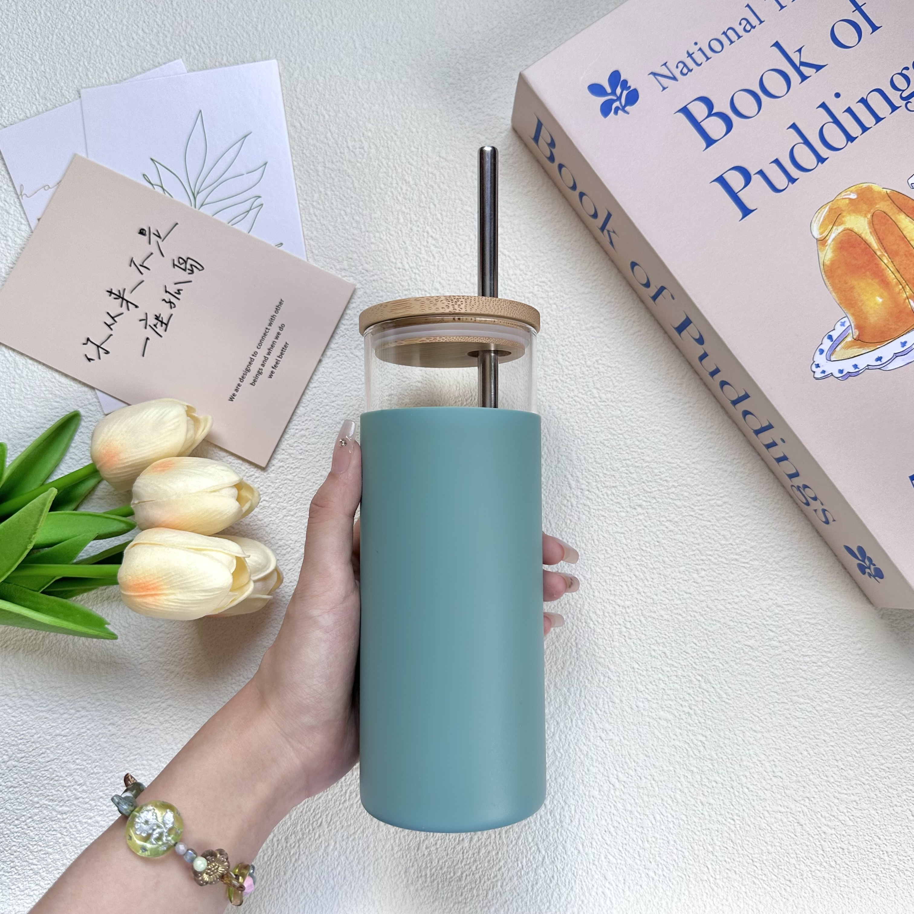 Glass Water Bottle With Bamboo Lid And Silicone Sleeve High - Temu