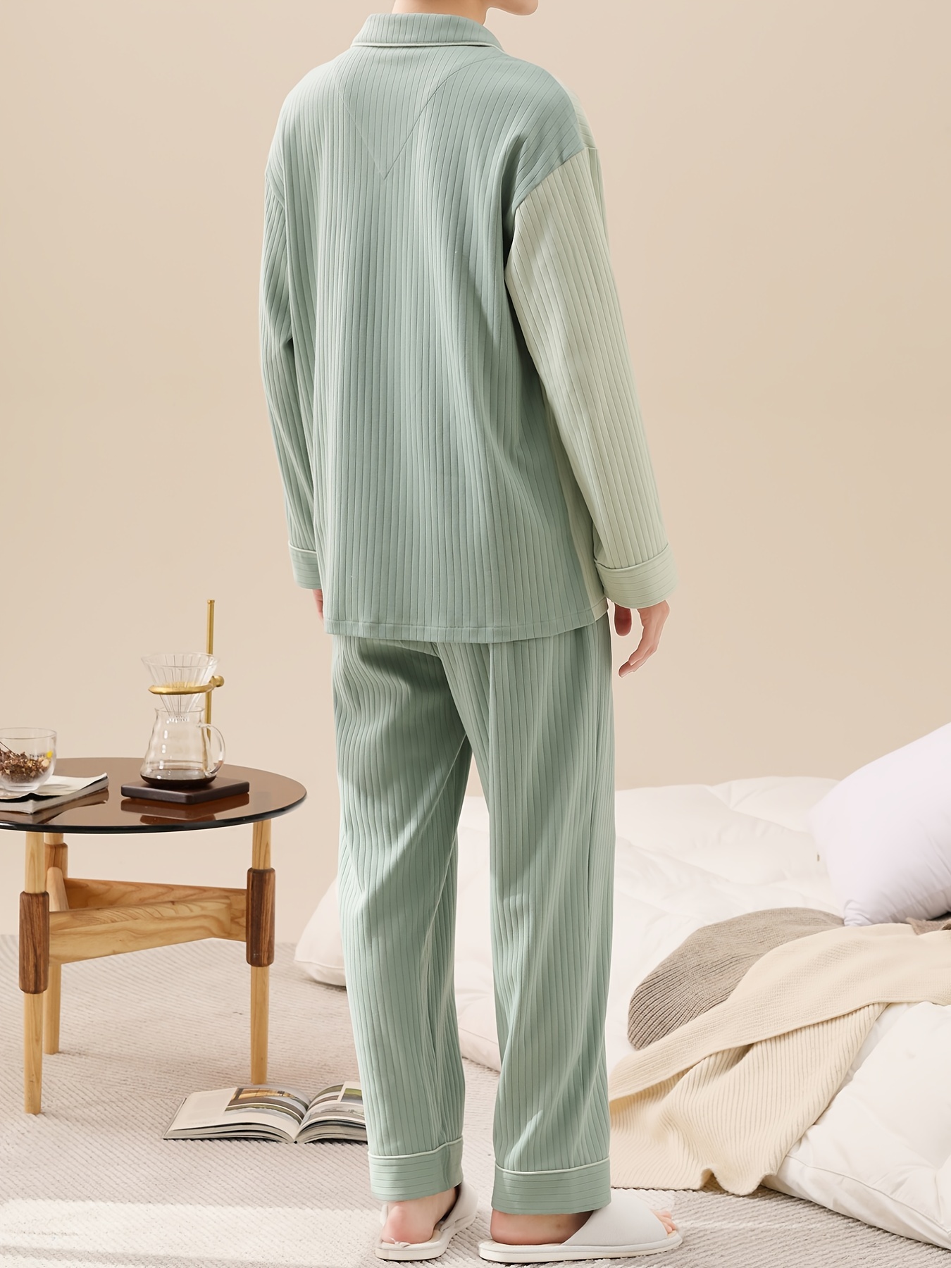 Men s Cotton Sleepwear Pajama Set Color Block Button Shirt Temu