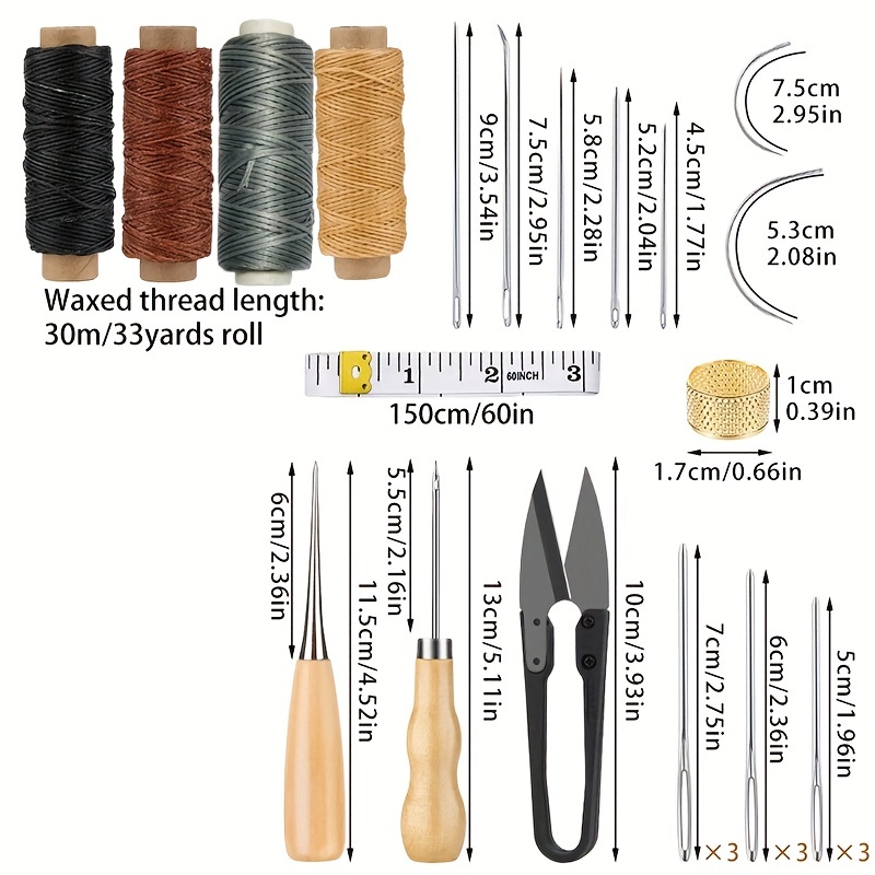 Kit de couture pour cuir - Fil ciré avec aiguille en cuir - Aiguille à  coudre, ciseaux à fil, ruban à mesurer et sac de rangement pour réparer le