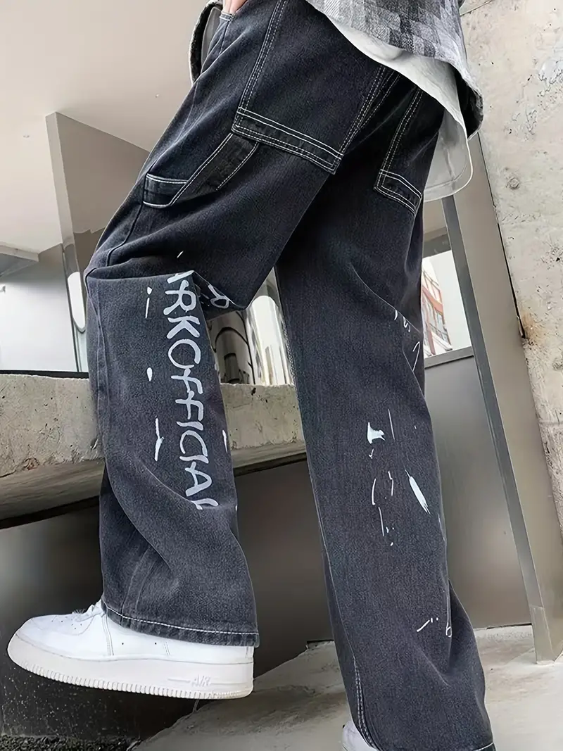 Y2k Letter Print Straight Leg Jeans, Men's Casual Hip Hop Style Multi  Pocket Cargo Jeans