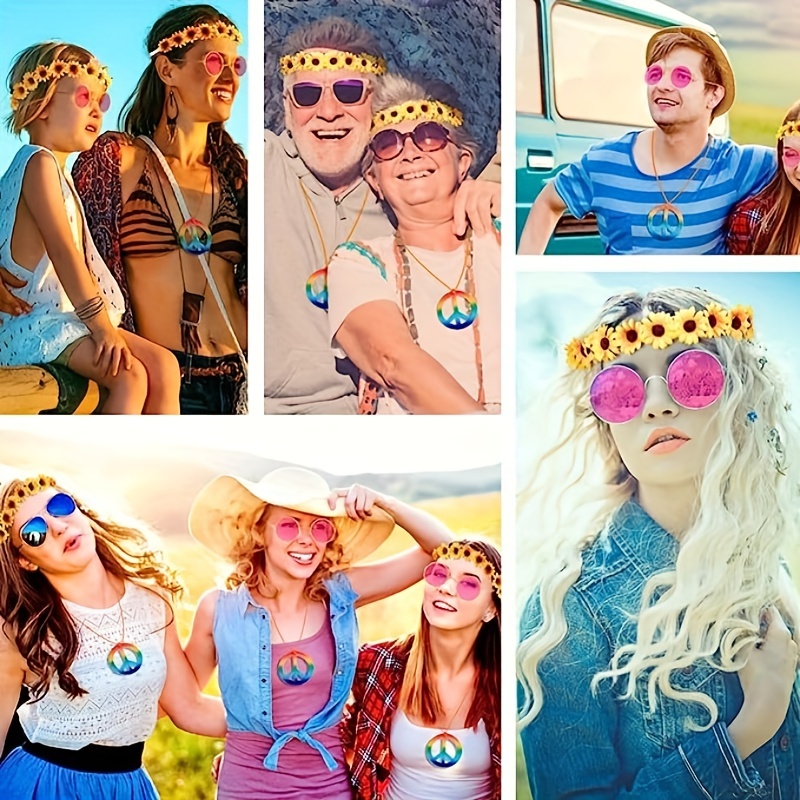 4 Pezzi Costume Hippie, Stile Vintage Anni '60 Occhiali Vintage Collana  Logo Pace Girasole Corona Fascia Per Capelli Set Di Accessori Abito Hippie