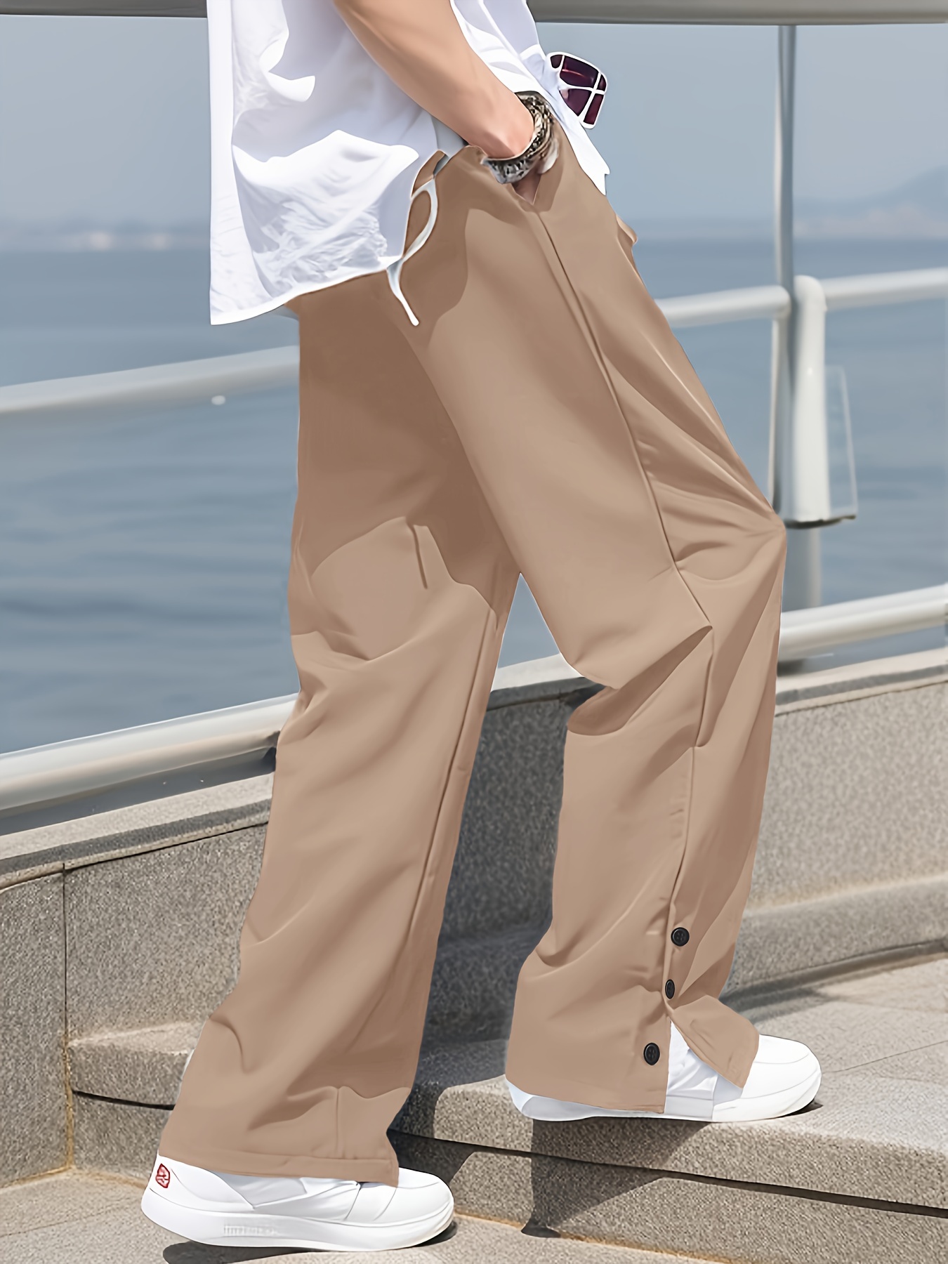 Chic Loose Fit Mopping Trousers Men's Casual Solid Color - Temu Canada