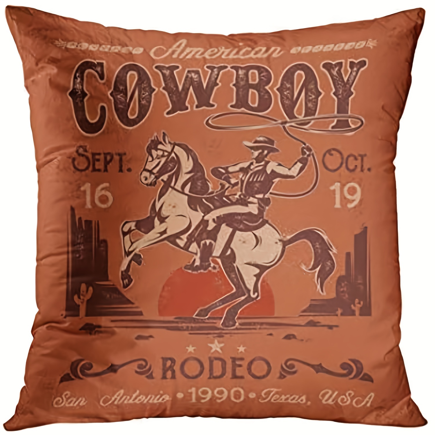 

1pc Throw Pillow Cover Western With Cowboy Sitting Rearing Horse In Retro Style Rider Home Decor Square Short Plush Decor Cushion 18x18 Inch