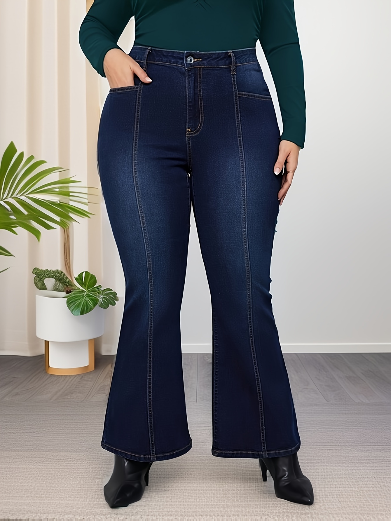 Women s Plus Size Jeans Pintuck Striped Bell Bottoms High Temu