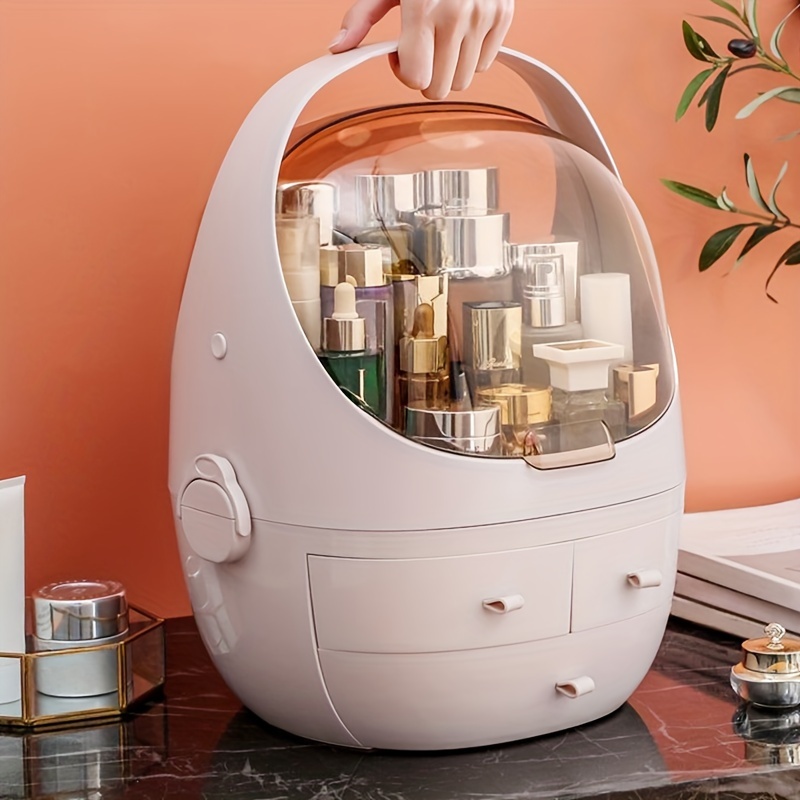 Organizador de maquillaje, caja de almacenamiento de cosméticos a prueba de  polvo con asa portátil y tapa impermeable totalmente abierta para baño