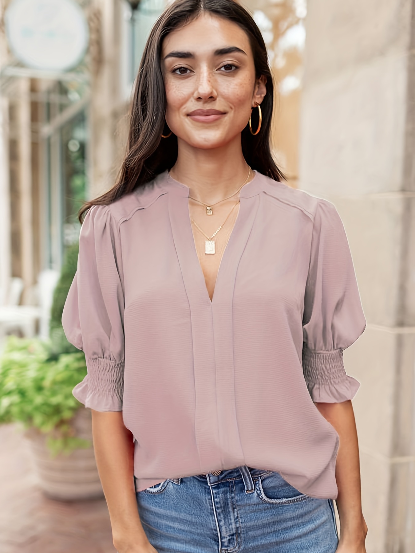 V neck Loose Blouses Casual Solid Color Half Sleeve Fashion - Temu