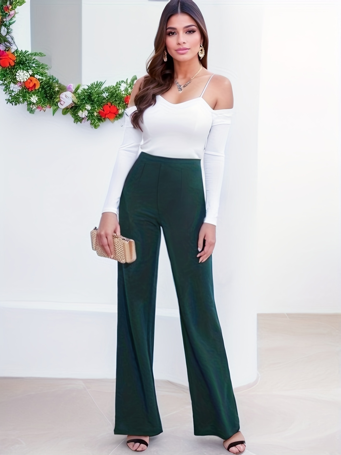 Pantalones de satén de seda para mujer, pantalón informal de pierna ancha,  cintura alta, elegante, Color sólido, blanco y verde, novedad de verano 2023