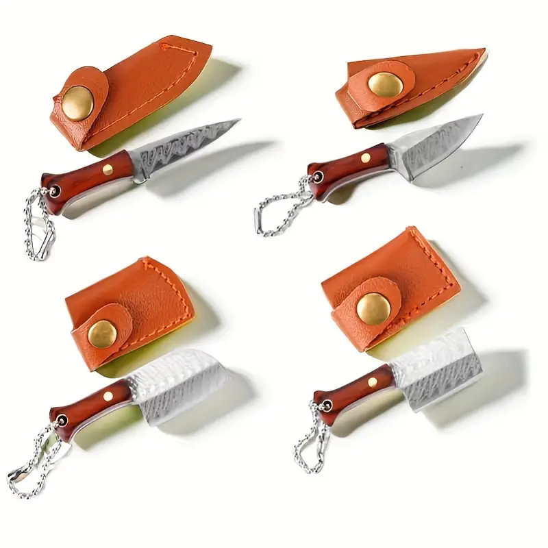 4pcs Mini Pocket Knives With Sheath, Knife Set, Keychain Knife, Box Cutter,  Chef Knife, Bread Knife, Paring Knife, Fruit Knife, Vegetable Knife, Campi