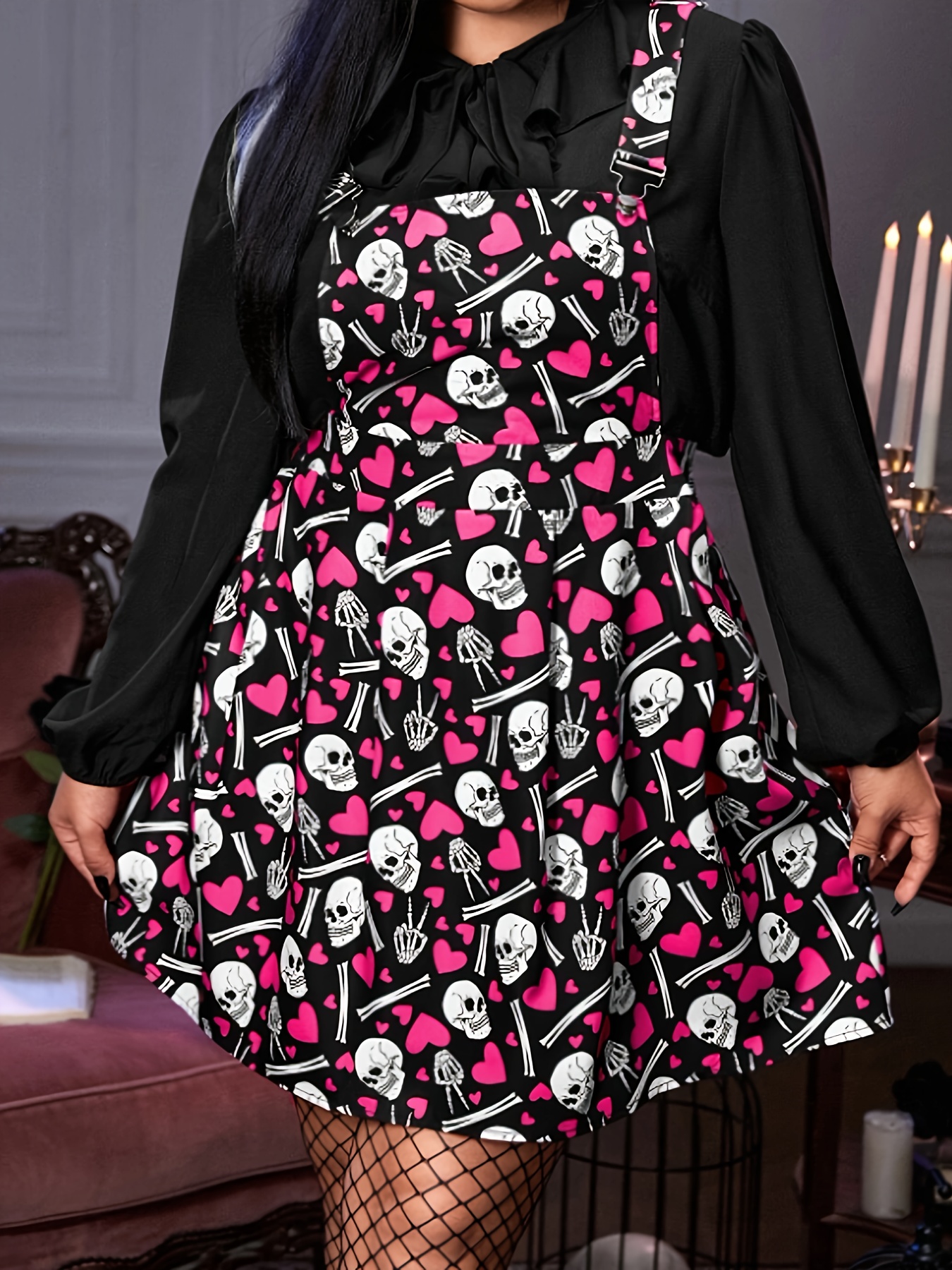 Plus Size Gothic Dress Women's Plus Skull Heart Print Square
