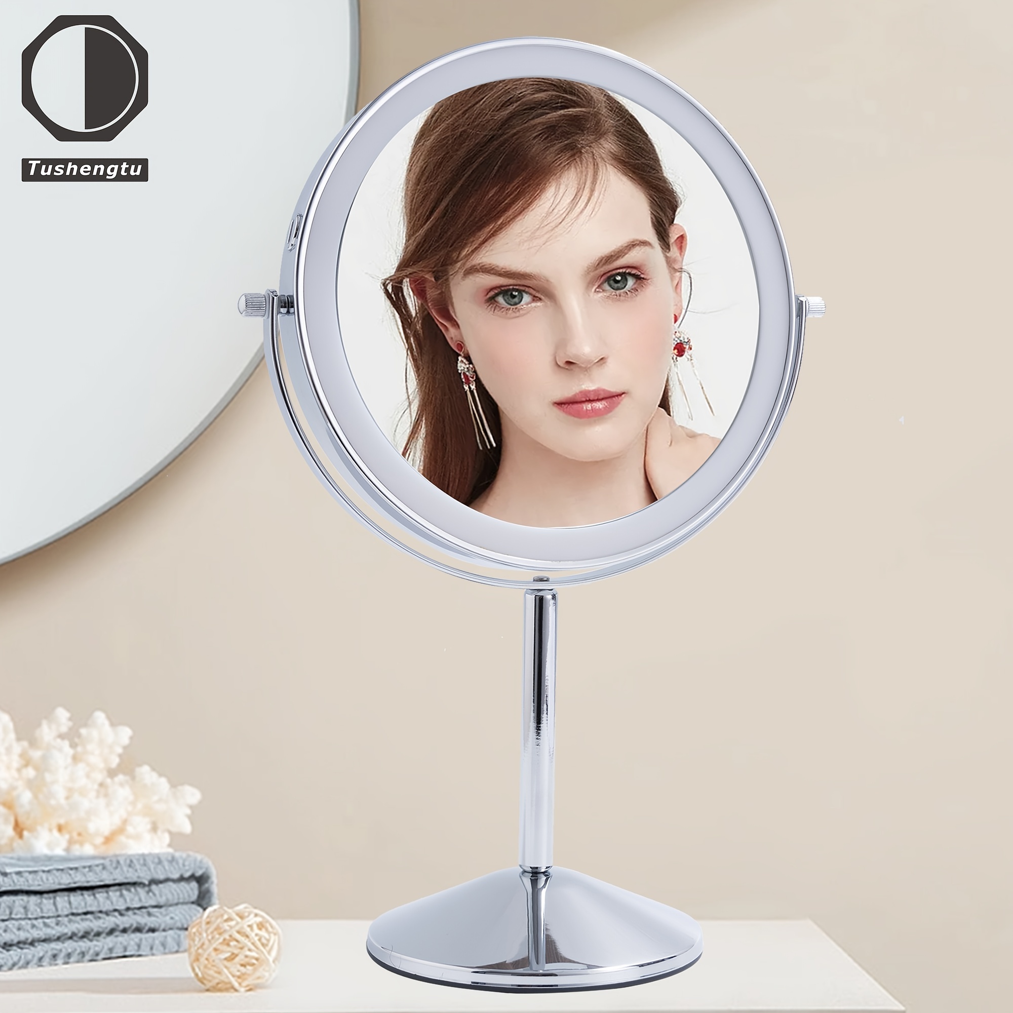 1 Stück, intelligenter Helligkeits-Make-up-Spiegel mit  8-Zoll-Lupenlichtstreifen, 1-fach und 10-fach vergrößernden Spin-Spiegeln,  54 ultrahellen