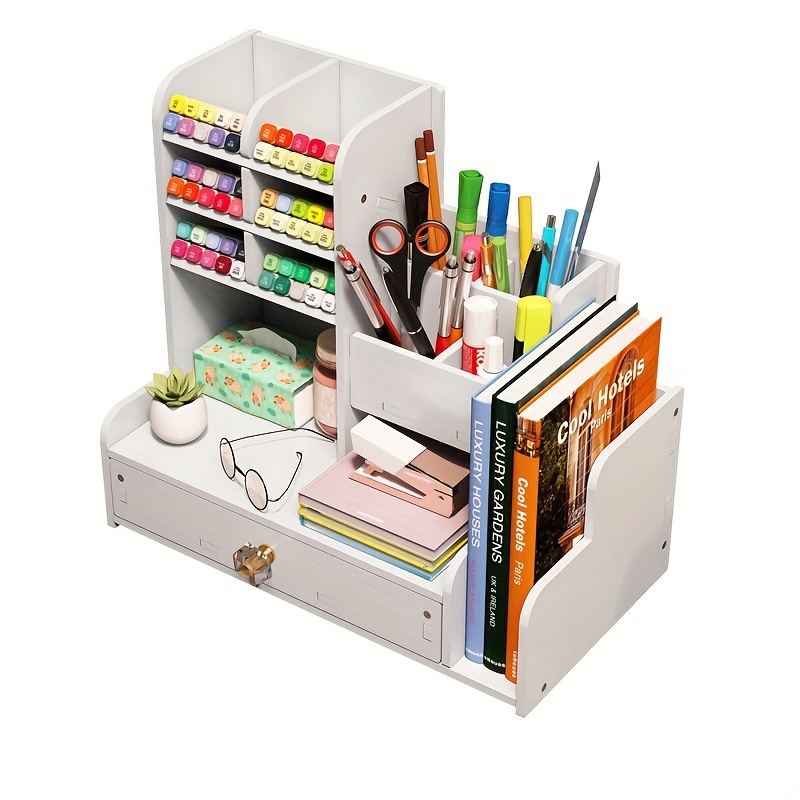 1pc Stationery Storage Cabinet, Wooden Pen Organizer Rack With Drawer, DIY  Pencil Holder, Desktop Organizer, Office Desktop Stationery Storage And