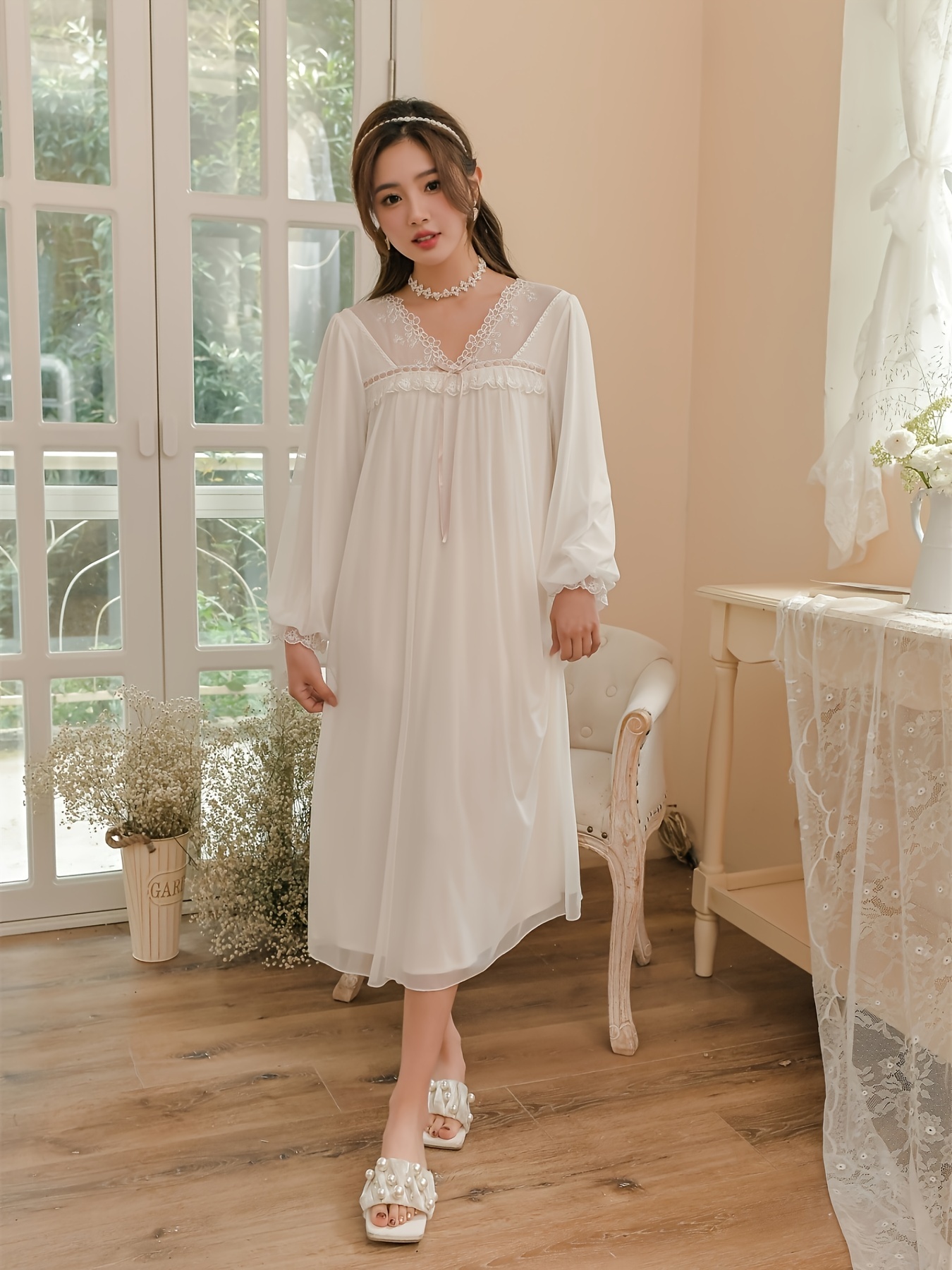 Women Lace Ruffle Sleep Dress Nightgown Sleepwear Floral Modal Princess  Pajamas