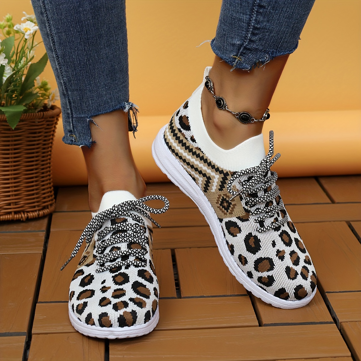 Women's Leopard Print Sneakers Stylish Lace Flat Sneakers - Temu