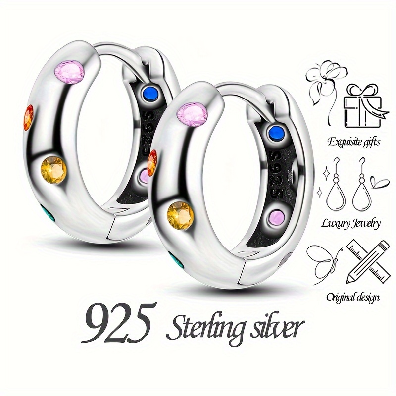 

Original 925 Sterling Silver Colorful Shine Zircon Inlaid Hoop Earrings Hypoallergenic Jewelry Trendy Female Valentine's Day Gift With Box